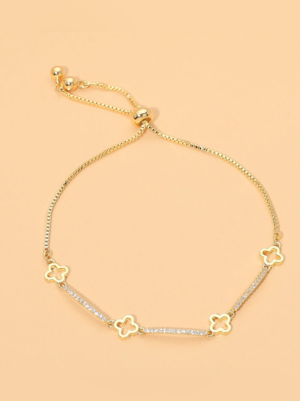 18K Gold Dipped Dainty Quatrefoil Charm Pave Bar Link Cinch Pull Tie Bracelet